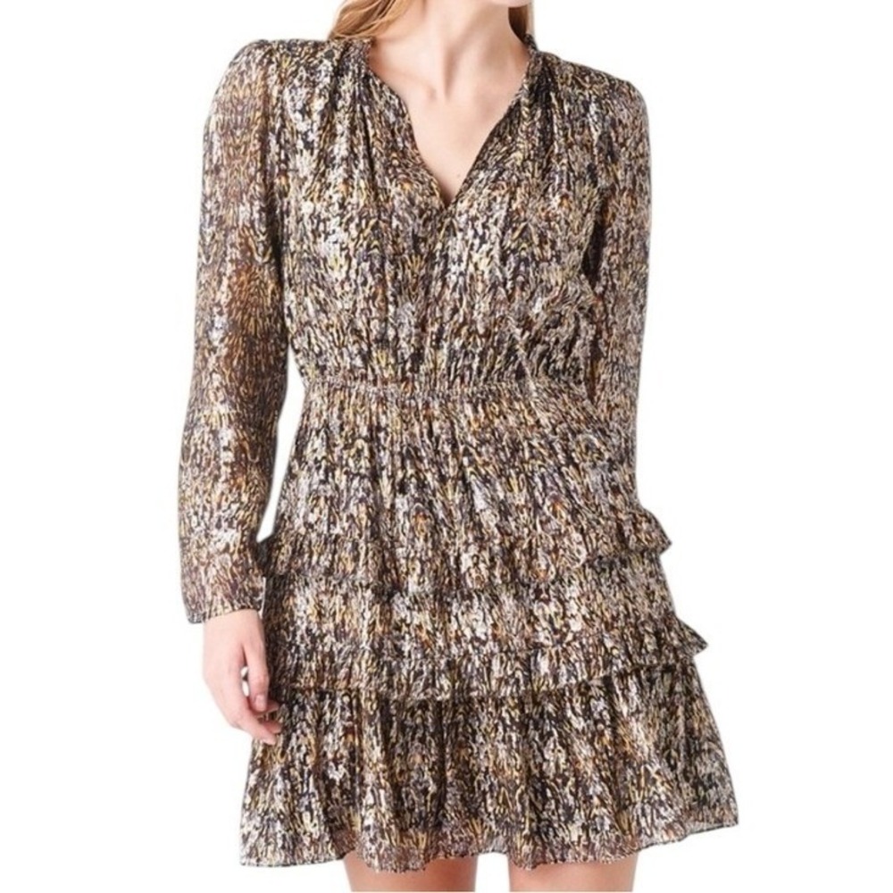 Ba&sh‎ Women's Brown Multicolor Metallic Glen Party Flare Mini Dress Size XS